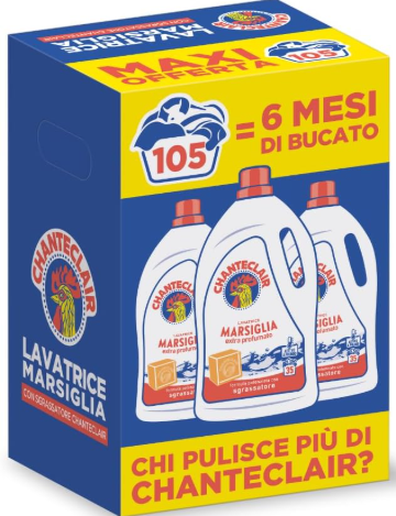 CHANTECLAIR - DETERSIVO PER LAVATRICE, PROFUMO MARSIGLIA, FORMULA CONCENTRATA, CON VERO SGRASSATORE - 3 FLACONI DA 1260 ML